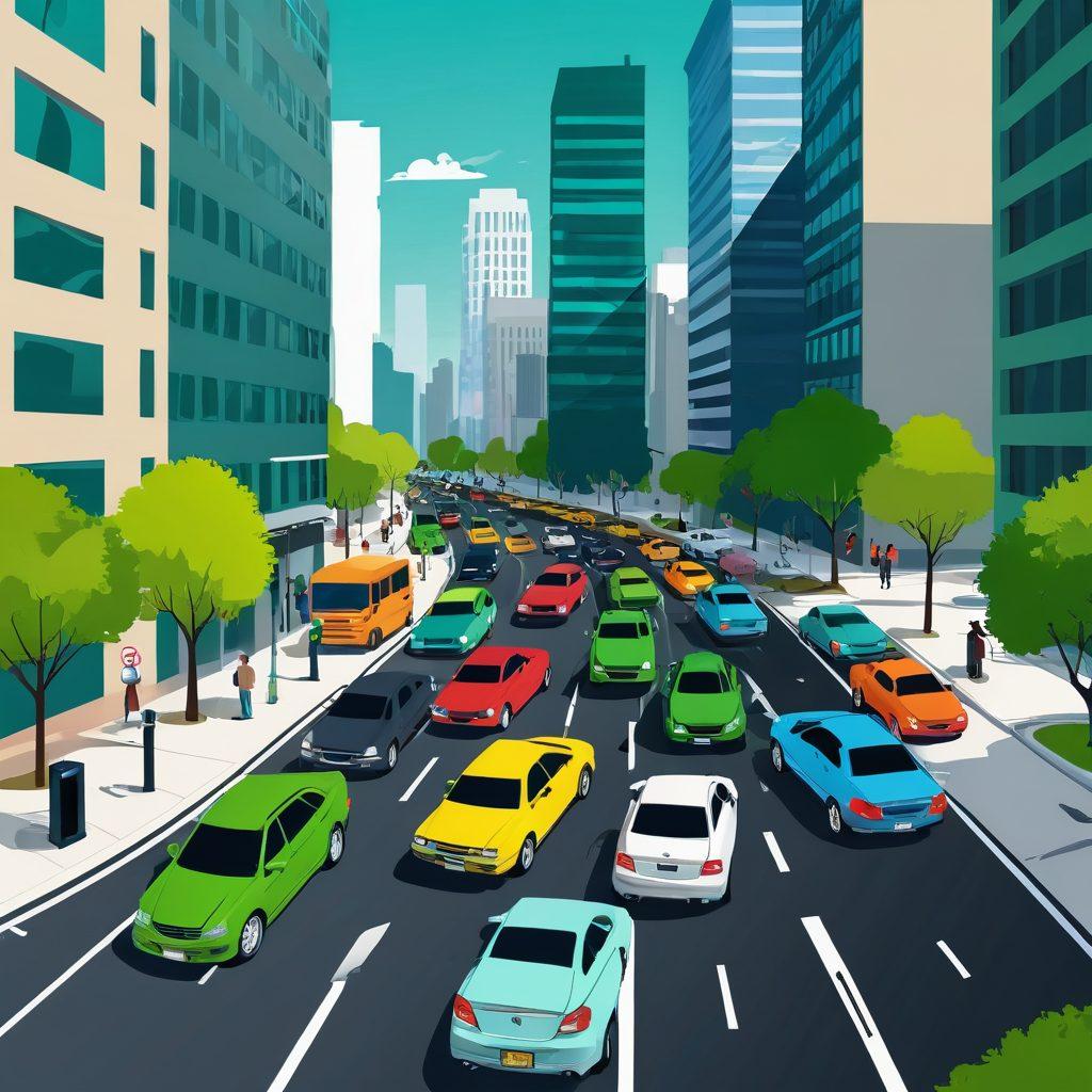 A busy urban street with cars trying to find parking, showing frustrated drivers and innovative parking solutions like smart parking meters and garages. Include a wide view that captures a blend of green parks and city buildings in the background, giving a sense of movement and urgency. Show diverse people engaging with technology to solve parking issues. colorful and dynamic. vector art.