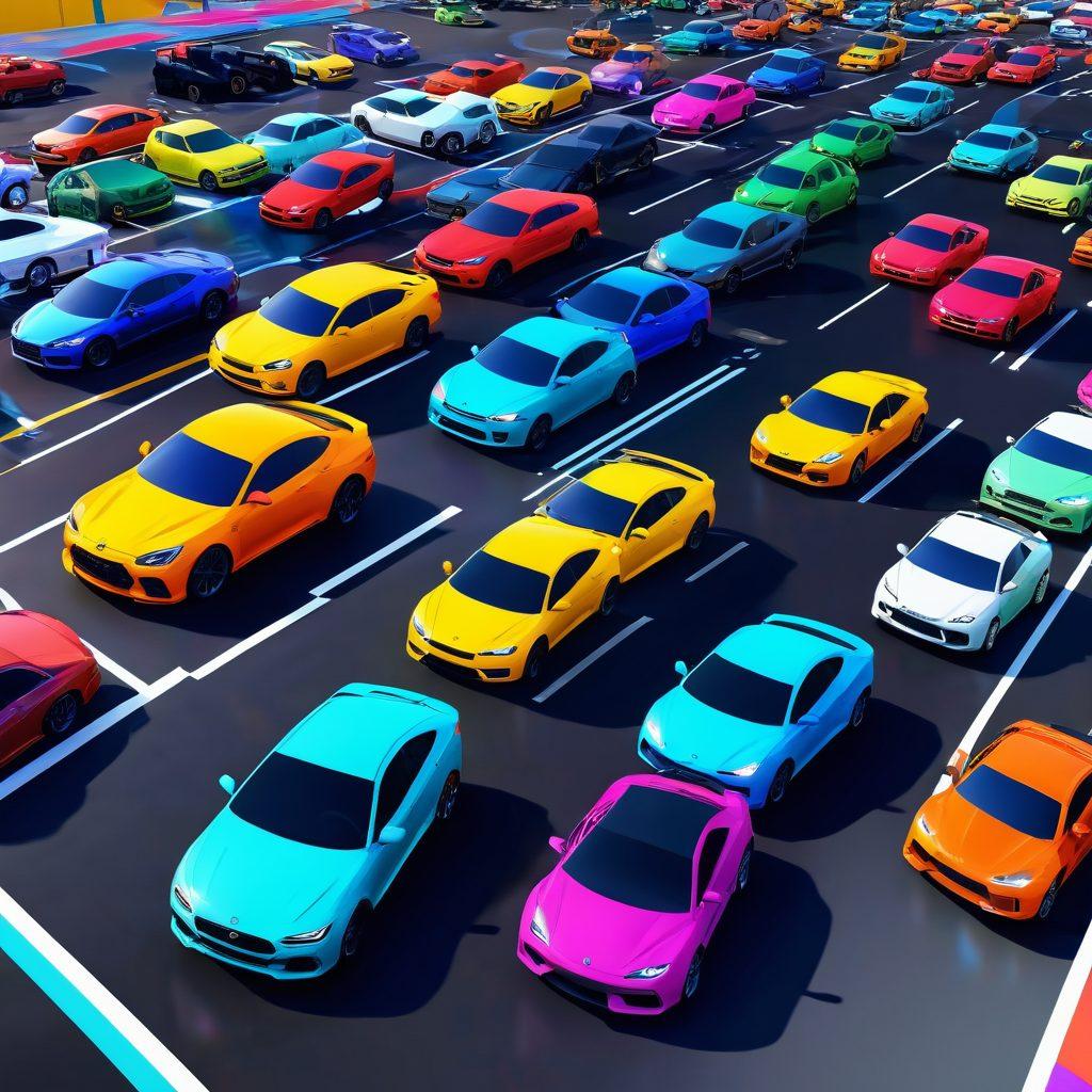 A dynamic scene of various vehicles skillfully maneuvering in a colorful virtual parking lot, showcasing different strategies and techniques. Include diverse car models, animated obstacles, and a player using a game controller, with a vibrant digital landscape in the background. The sky should be bright and the colors bold to evoke a sense of excitement. cartoon style. vibrant colors. 3D.
