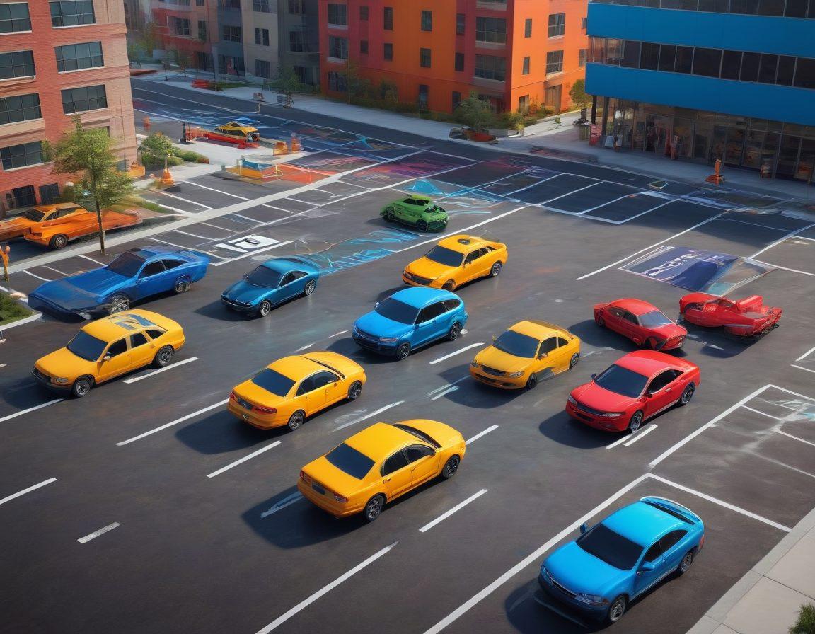 An intricate scene showcasing a diverse group of people practicing vehicle maneuvers in a realistic parking lot, with colorful instructional signs and interactive elements. Include a variety of vehicles, such as cars, SUVs, and a small van, alongside visual indicators for parking techniques. The background features a vibrant cityscape, enhancing the atmosphere of active learning and skill development. super-realistic. vibrant colors. dynamic perspective.